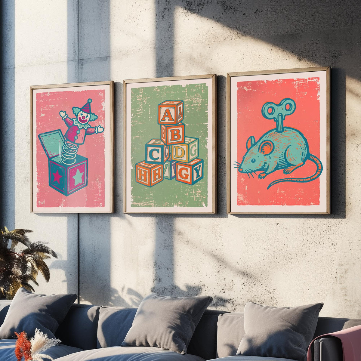 Art Prints Set of 3 Retro Linocut Style T744418