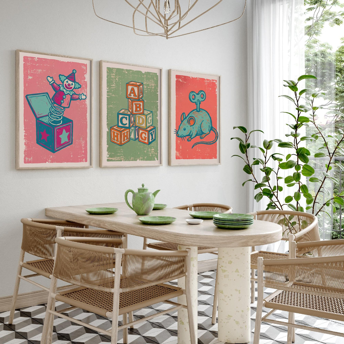 Art Prints Set of 3 Retro Linocut Style T744418